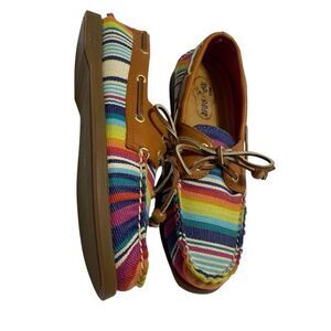 Sperry Rainbow Striped Canvas Boat Shoes with Tan Leather Trim